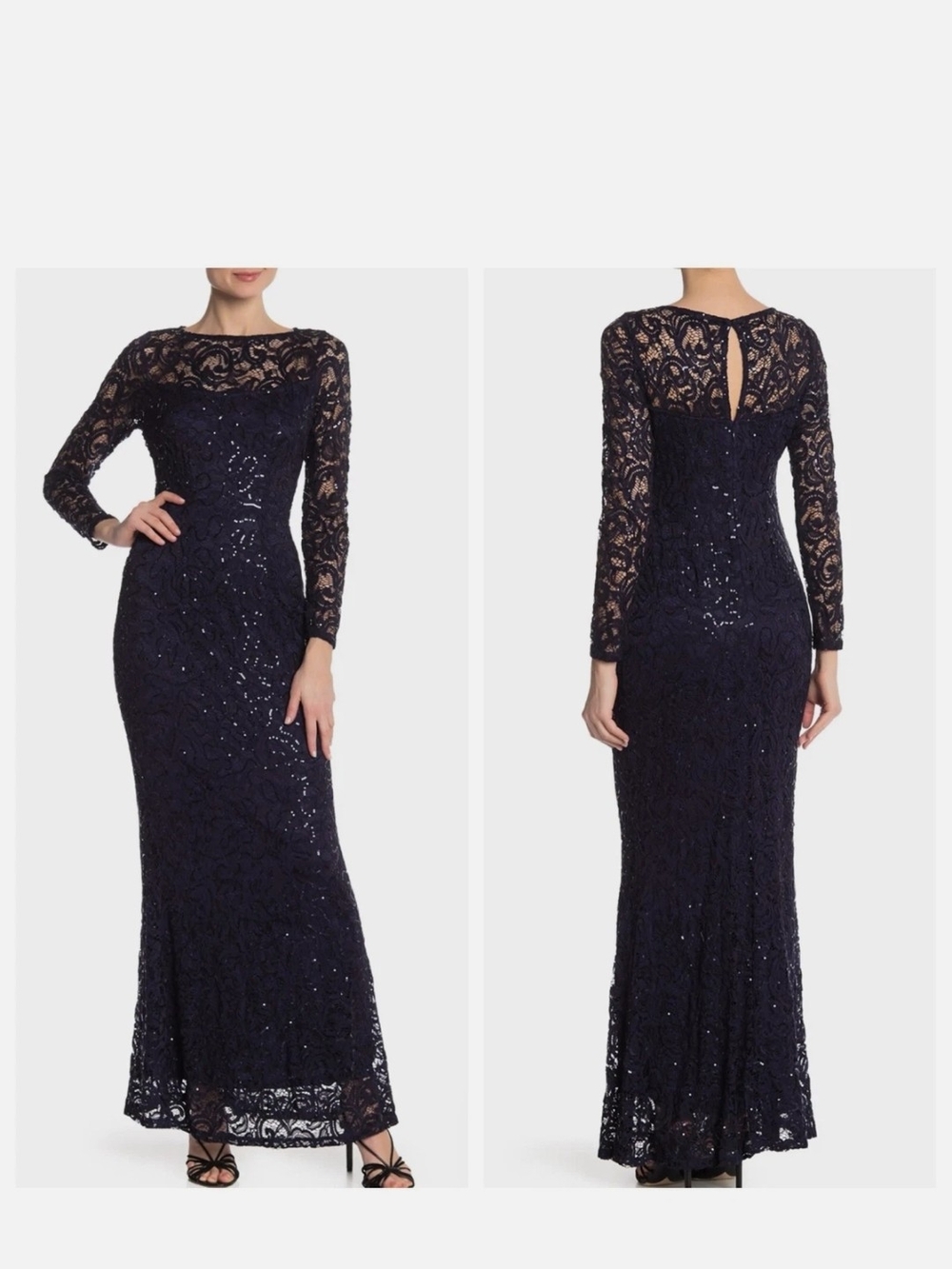 MARINA Navy Lace Long-Sleeve Sequin Maxi Dress